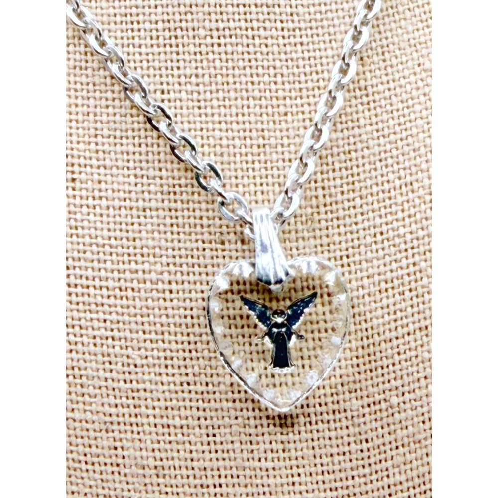 Glass Heart Angel Pendant Necklace Silver Tone Lightweight Chain 24"‎